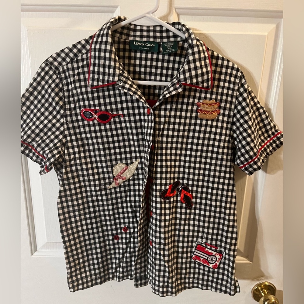 Lemon Grass VTG black/white check Short Sleeve Button Down  Summer fun Women’s M